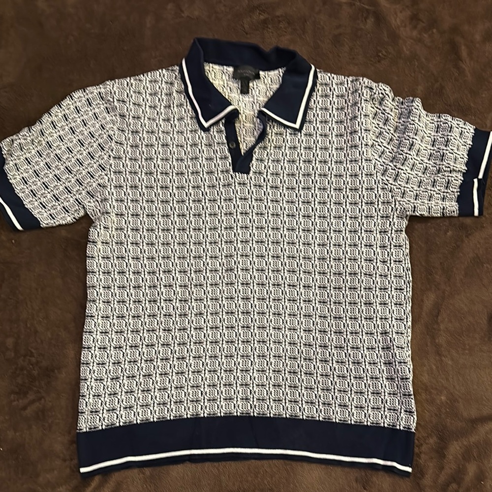 Magaschoni Blue and White Geometric Polo Shirt